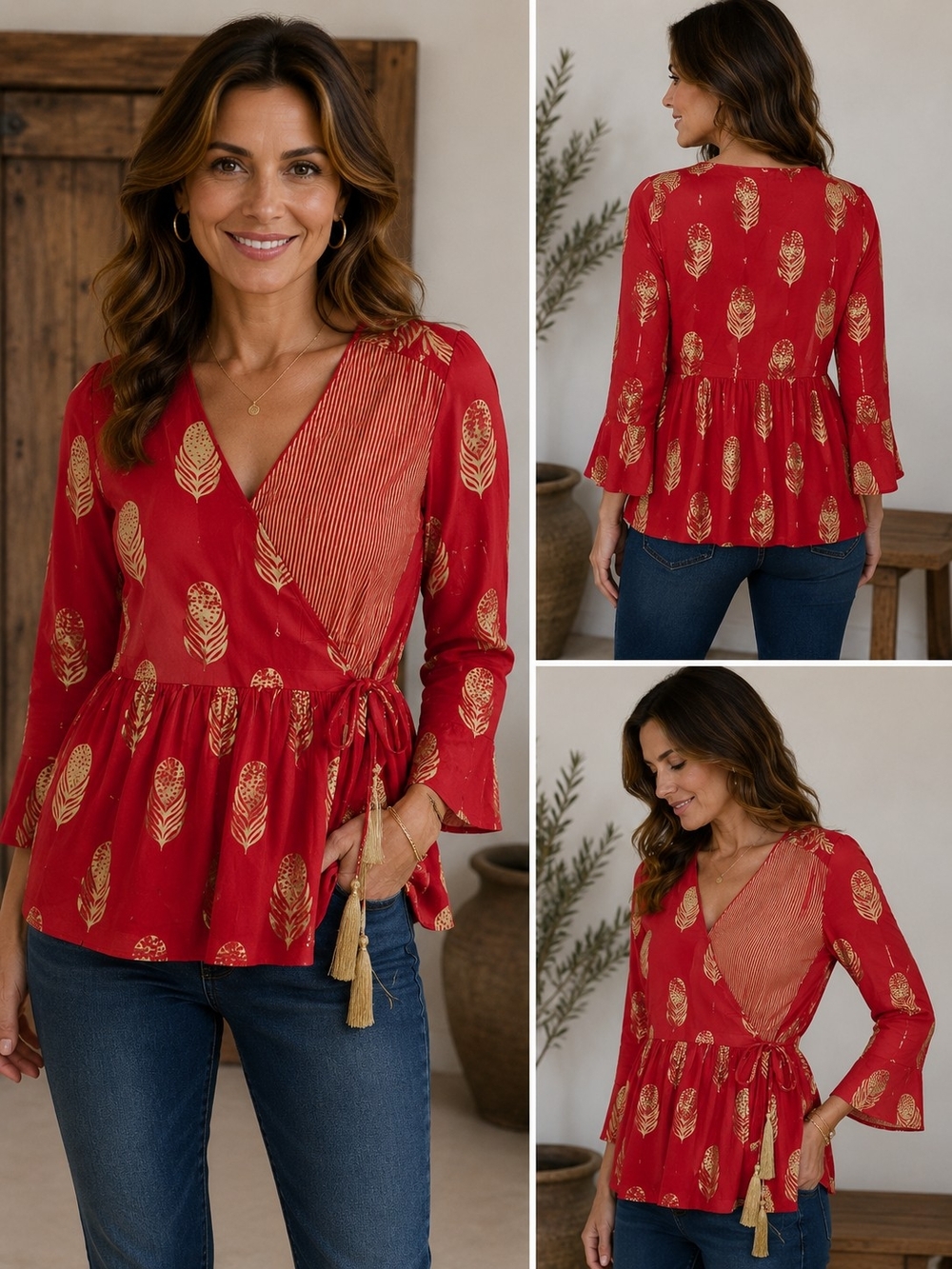 Women's Red Wrap Blouse with Gold Feather Motif